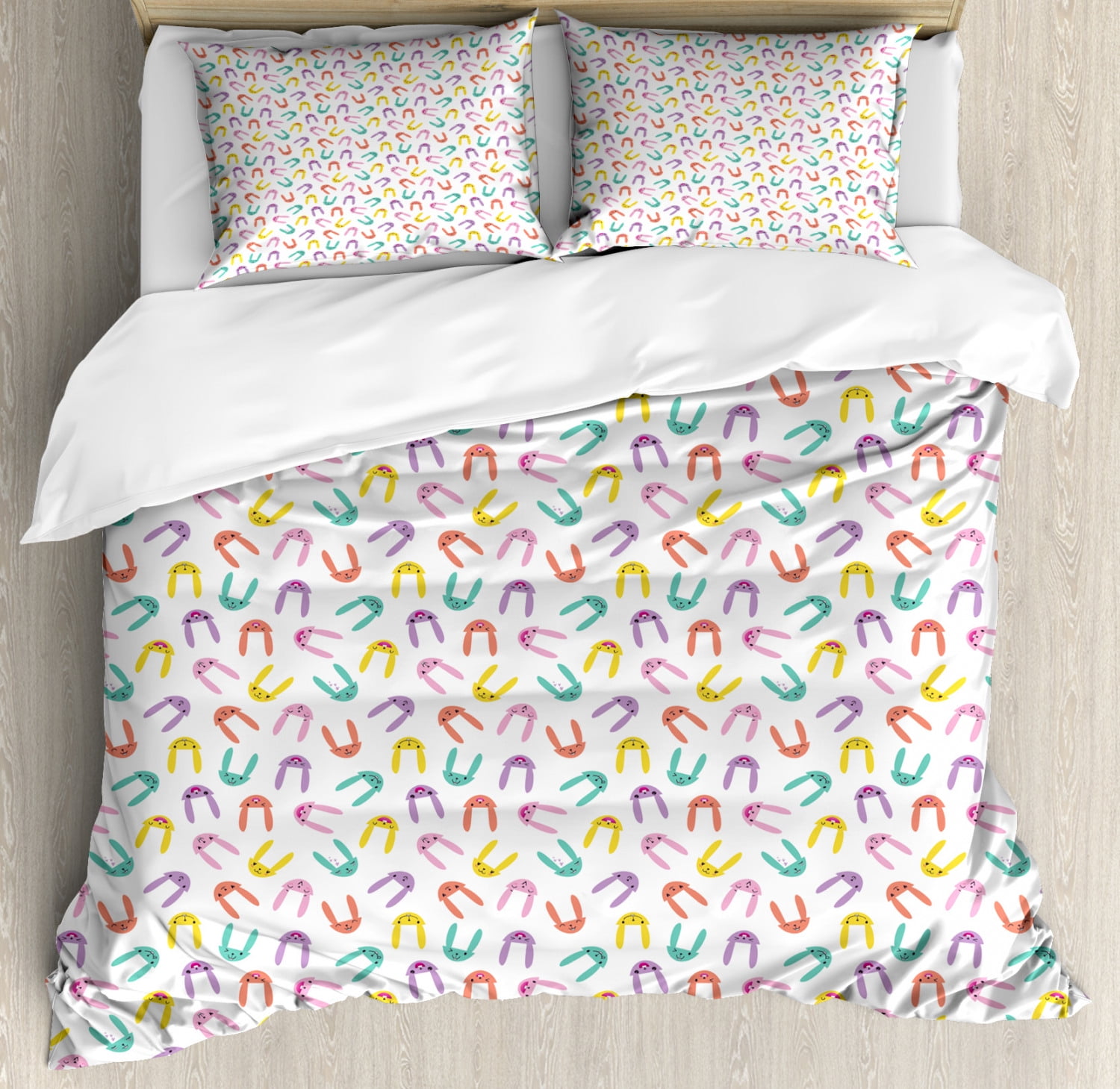 Bunny Duvet Cover Set Queen Size, Hand-drawn Colorful Rabbits with ...