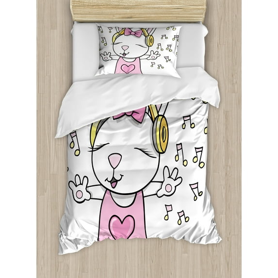 Bunny Duvet Cover Set, Rock Star Rabbit Animal Speakers Music Notes Girls Humor Heart Cartoon, Decorative 2 Piece Bedding Set with 1 Pillow Shams, Twin Size, Pale Pink Yellow, by Ambesonne