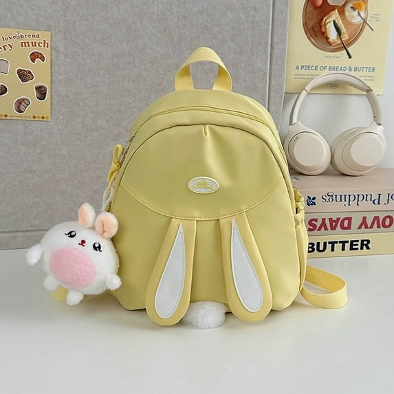 Bunny Ear Backpack for Teen Women Daypack for Travel Bookbag with Cute Pendant (yellow)