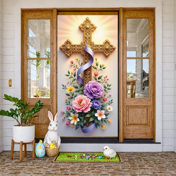 Bunny Ear Design Happy Easter Banner Decorative Eggs Easter Display Floral Accents Pink Plaid Background Spring Easter Backdrop for Easter Party Spring Celebration Indoor Decoration