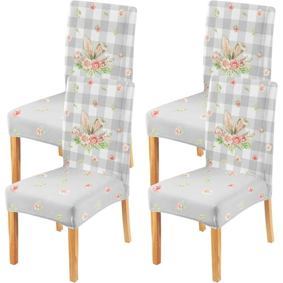 Bunny Ear Flower Easter Dining Chair Covers Set of 4,Grey Buffalo Plaid Parsons Chair slipcovers,Kitchen Spring Summer Decor Chair Seat Cover Protectors(Bunny Ear,4 Pack)