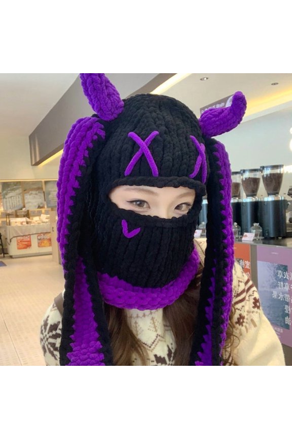 Bunny Ear Hat, Knitted Winter Beanie, Pink Bunny Ear & Devil Horn Balaclava Mask for Women – Soft Polar Winter Mask, Cute Cosplay & Halloween Costume Accessory