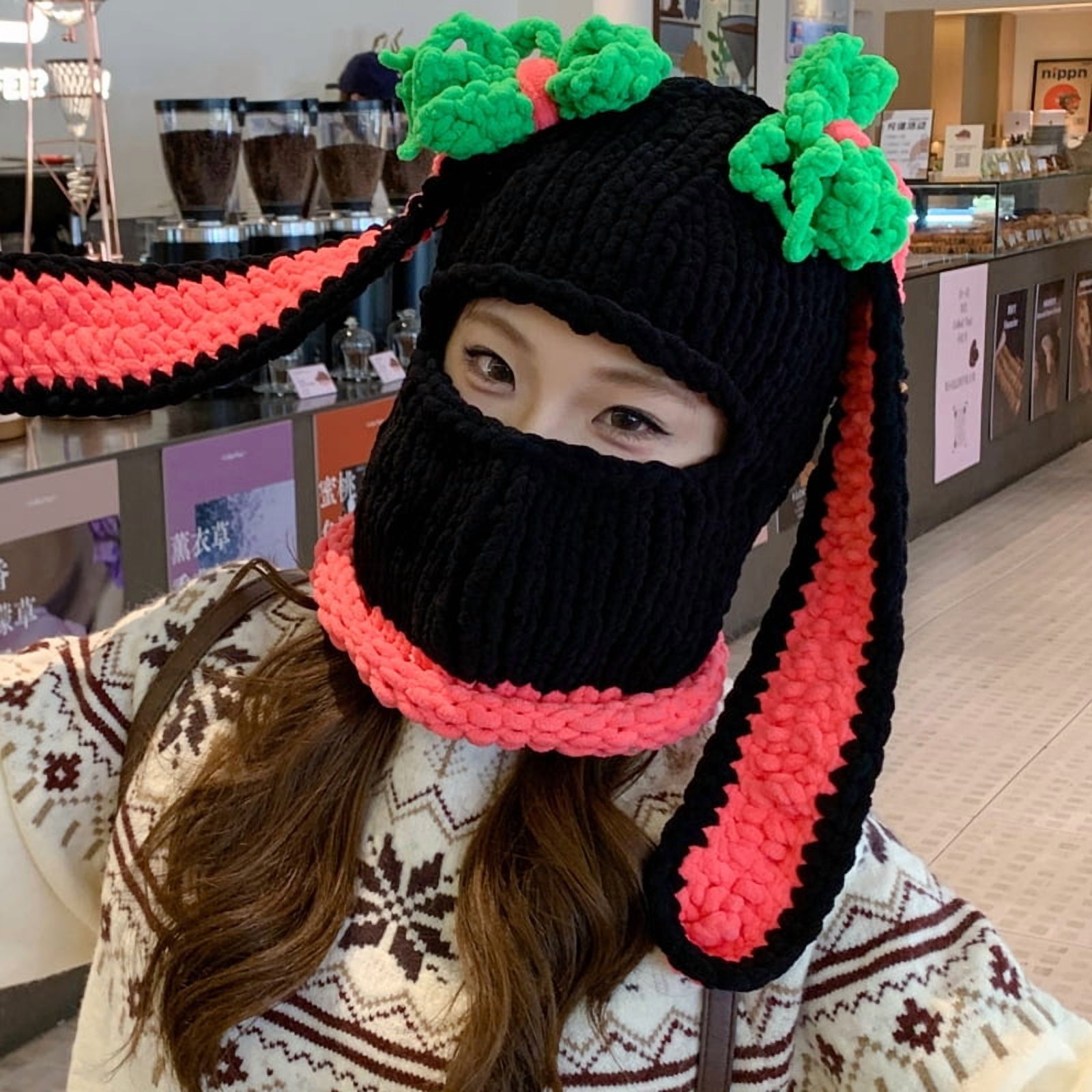 Bunny Ear Hat, Knitted Winter Beanie, Pink Bunny Ear & Devil Horn Balaclava Mask for Women – Soft Polar Winter Mask, Cute Cosplay & Halloween Costume Accessory