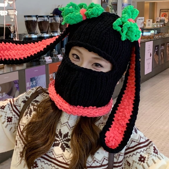 Bunny Ear Hat, Knitted Winter Beanie, Pink Bunny Ear & Devil Horn Balaclava Mask for Women – Soft Polar Winter Mask, Cute Cosplay & Halloween Costume Accessory