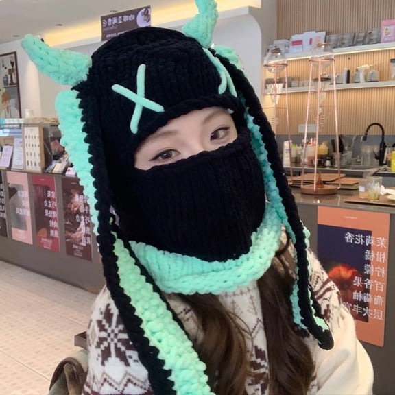 Bunny Ear Hat, Knitted Winter Beanie, Pink Bunny Ear & Devil Horn Balaclava Mask for Women – Soft Polar Winter Mask, Cute Cosplay & Halloween Costume Accessory