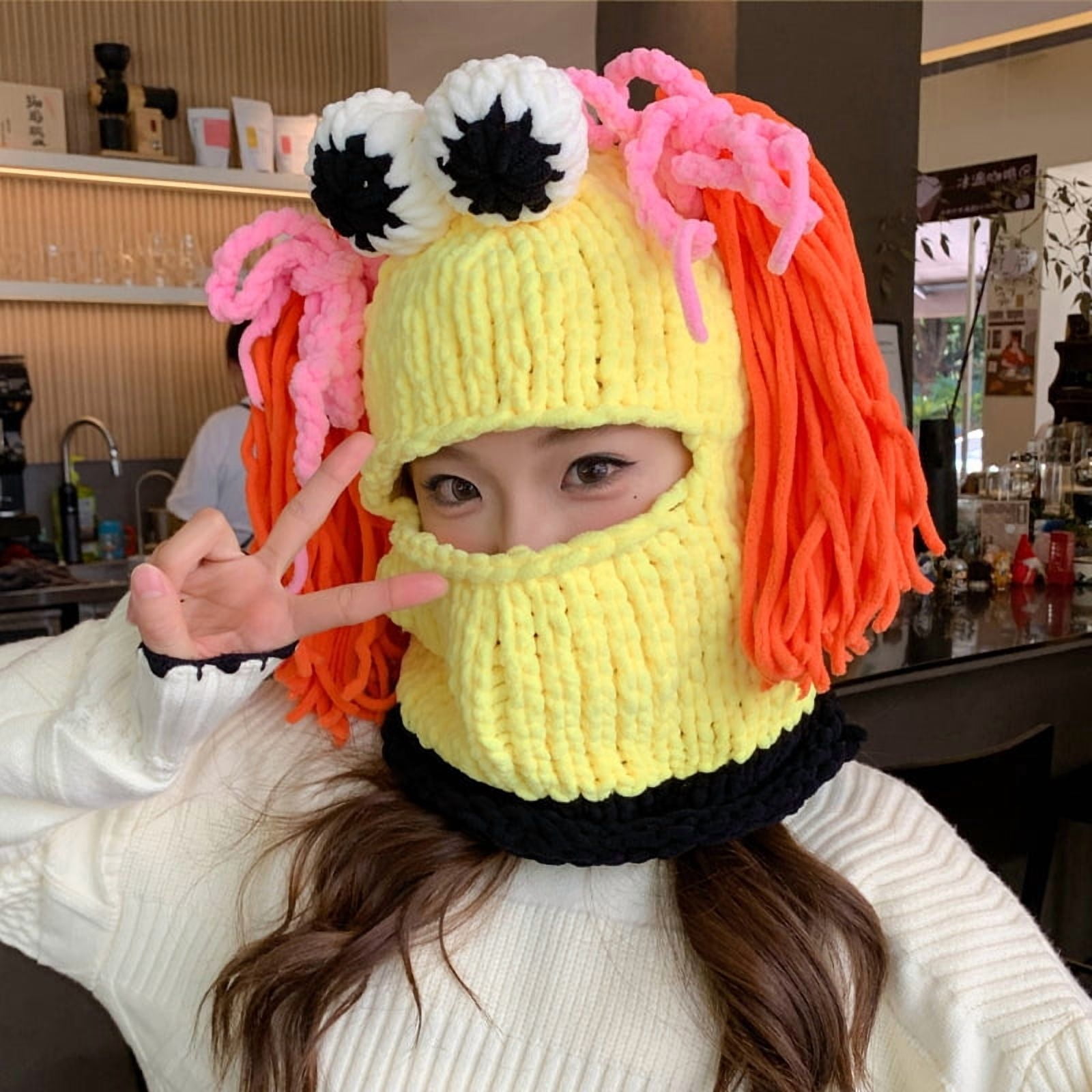 Bunny Ear Hat, Knitted Winter Beanie, Pink Bunny Ear & Devil Horn Balaclava Mask for Women – Soft Polar Winter Mask, Cute Cosplay & Halloween Costume Accessory
