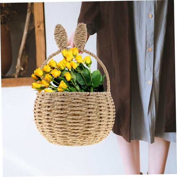 Bunny Ear Woven Basket - Hand-Woven Natural Wicker Storage with Handle for Farmhouse Kitchen, Fruit, Flowers, Decor (11.79 x 7.07 Inches)