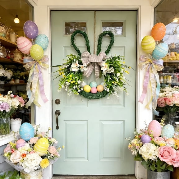 Bunny Ear Wreath,Easter Bunny Ear Wreath Flower Ornament for Door Hanging,Indoor and Outdoor Spring Holiday Decor Home Decor Collection