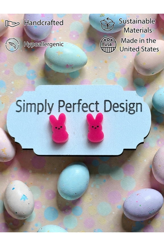 Pink Bunny Stud Earrings for Women, Handmade Hypoallergenic Easter Jewelry