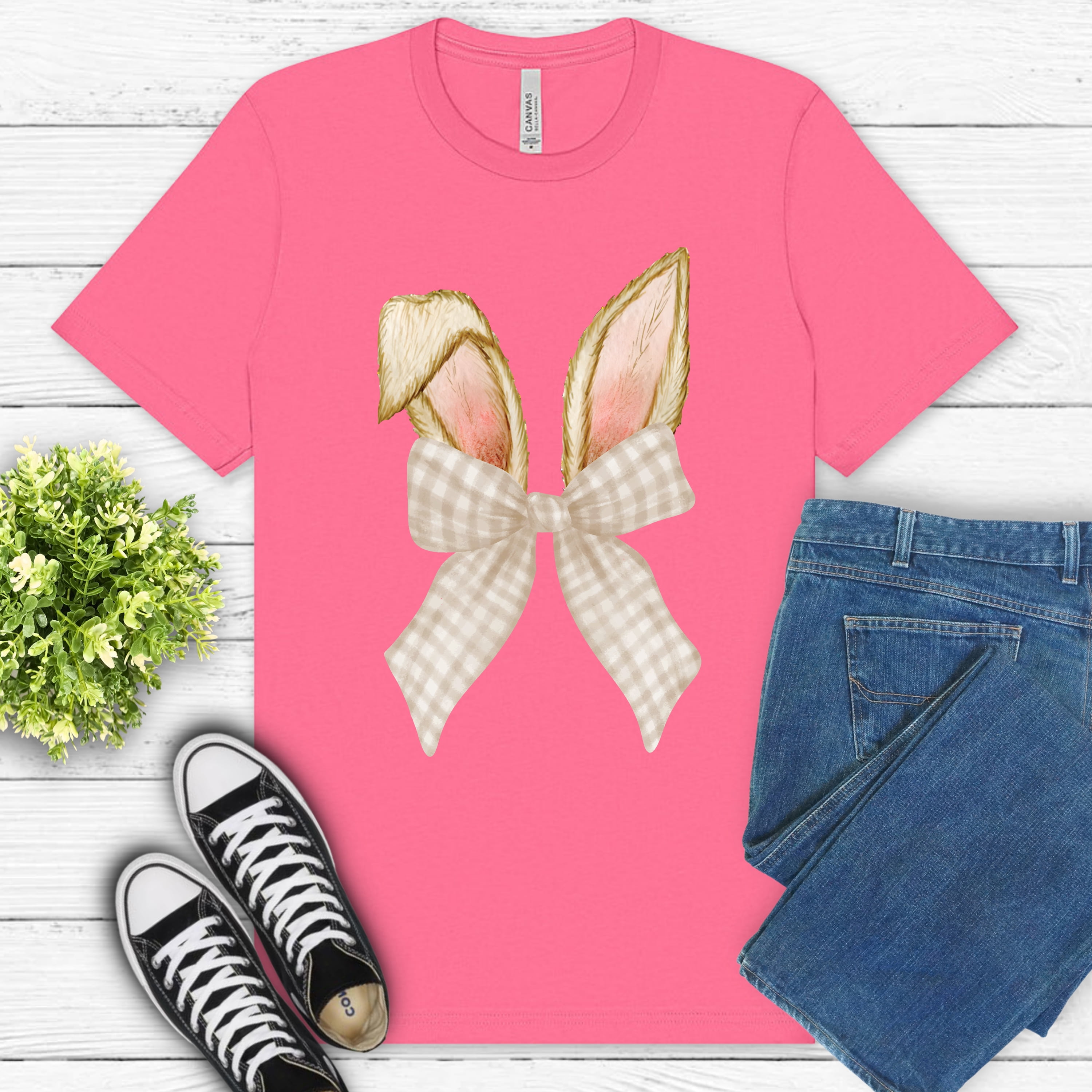 Bunny Ears Bow T Shirt Neutral Gingham Ribbon Spring Graphic Tee
