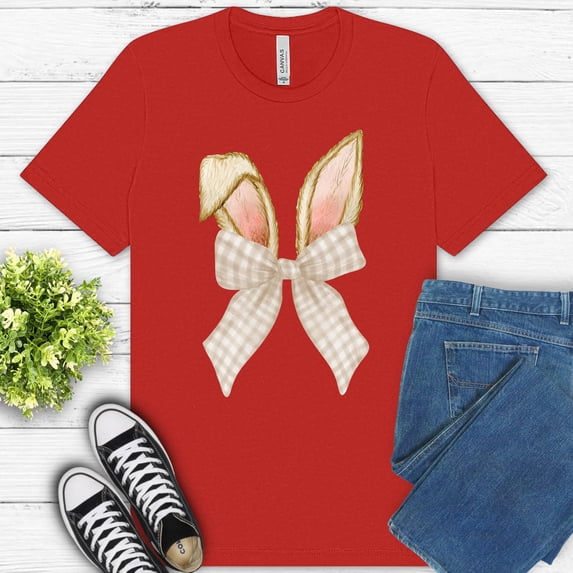 Bunny Ears Bow T-Shirt, Neutral Gingham Ribbon Spring Graphic Tee, Red, 2XL