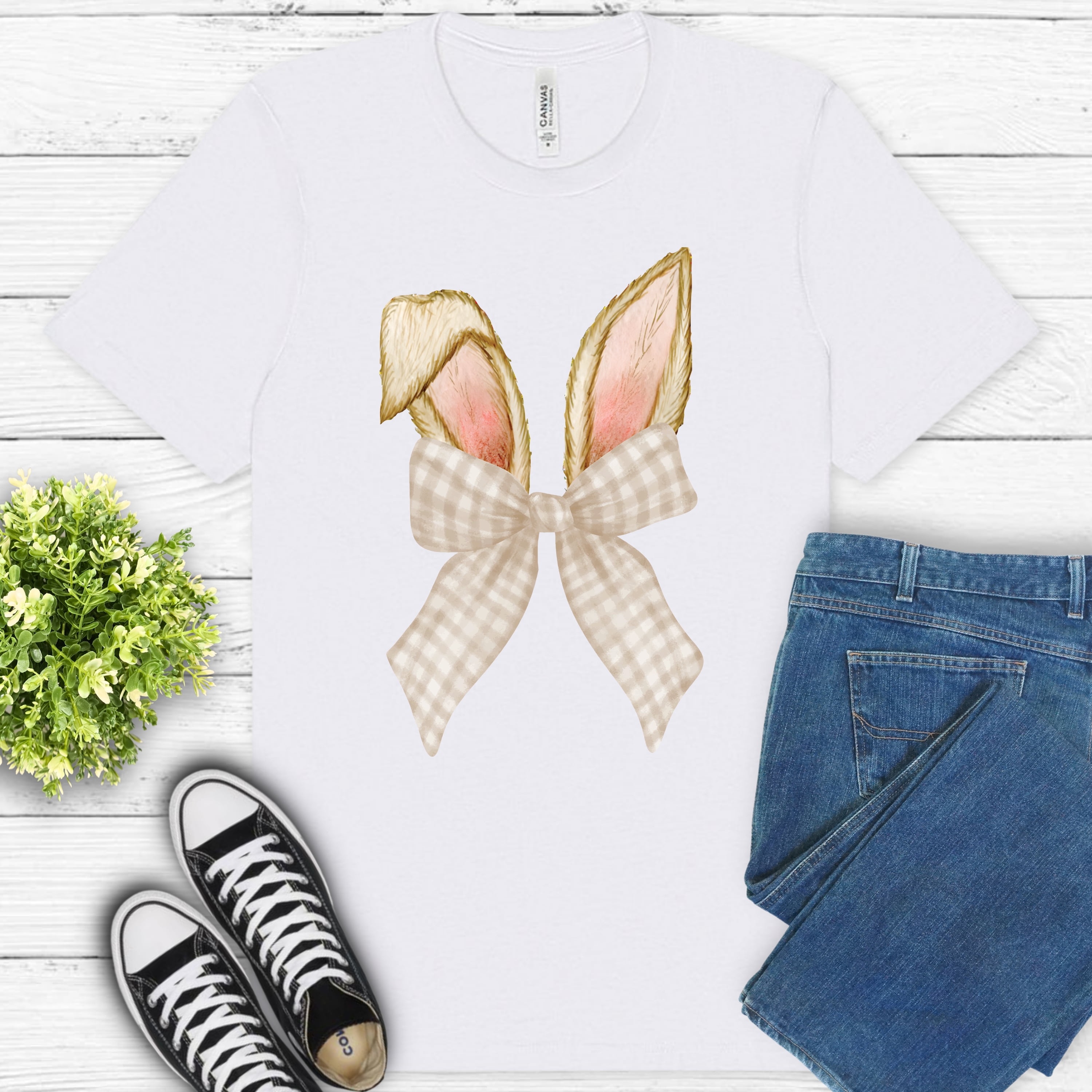 Bunny Ears Bow T Shirt Neutral Gingham Ribbon Spring Graphic Tee