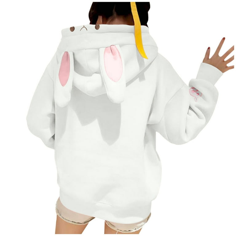 with Bunny Ears Cute Bunny Hoodie Loose Animal Bunny Hoodie Rabbit Ear Trendy Hoodies for Women Rabbit Print Graphic Hooded Pocket Baggy Tie Front