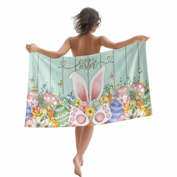 Bunny Ears Easter Beach Towels Blanket Soft&Absorbent Quick Dry Microfiber Pastel Easter Eggs Spring Floral Pool Towels for Swimming ,Yoga, Sports, Gym, Camping,Large 35X70in, Blue