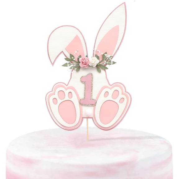Bunny Ears First Birthday Cake Topper Set With Paws - Easter Bunny 1st Birthday Party Decorations And Cake Decor Supplies