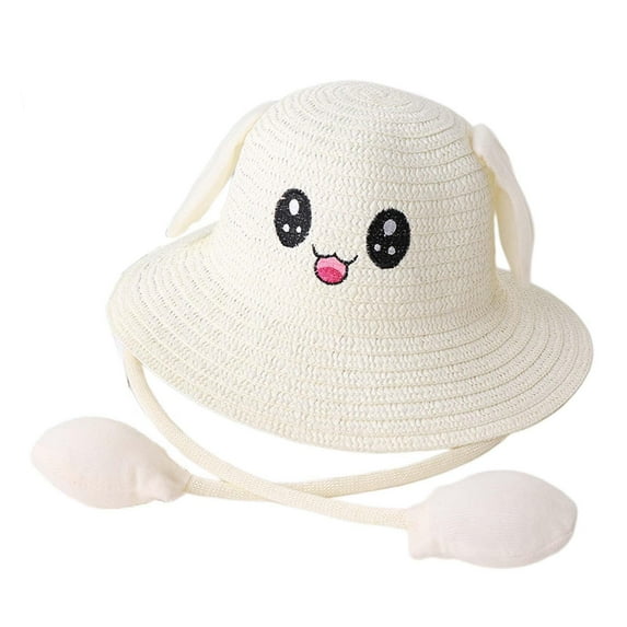 Bunny Ears Straw Hat Cap Casual Children Beach Hat for Outdoor Summer Trips Milky white