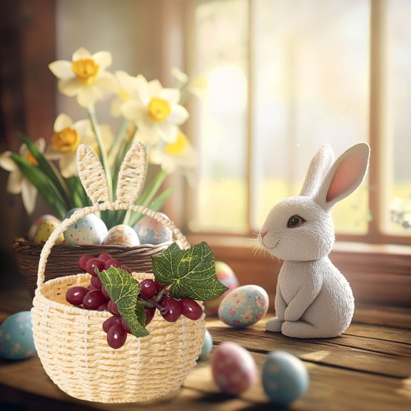 Bunny Ears Woven Easter Basket for Spring, Cute Rabbit Shaped Storage Basket for Eggs Candy Fruit, Indoor Outdoor Holiday Birthday Garden Picnic Home Decoration, Party Favors