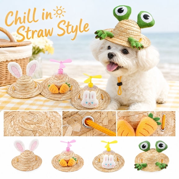 Bunny Ears for Dogs Straw Hat with Wide Brim, Summer Pet Sun Hat for Small Dogs and Cats, Cute Photo Prop Accessory, 1 Pack