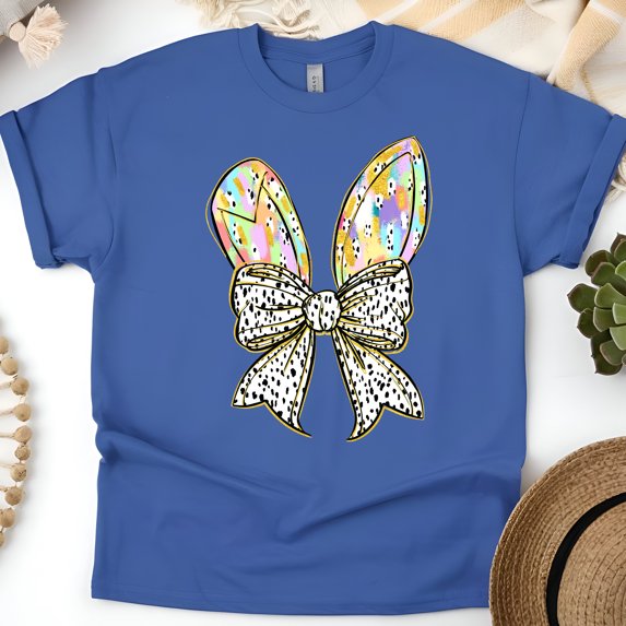 Bunny Ears with Bow T-Shirt | Colorful Pastel Rabbit Ears Graphic Tee, Royal, Size 5XL