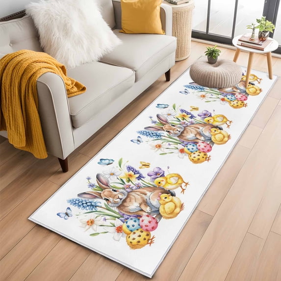 Bunny Easter 2'x6' Runner Rugs for Hallway Kitchen Bedside Non Slip, Eggs Spring Floral Elegant Pastoral Butterfly Entryway Rug Runners with Rubber Backing, Long Carpet Runner for Laundry Room