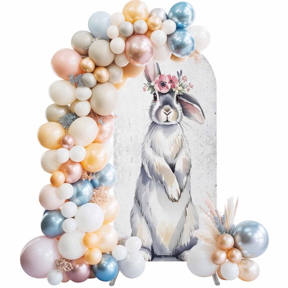 Bunny Easter Arch Backdrop Cover, Spandex Fitted Wedding Arch Cover, Rabbits Farmhouse Floral Animals Round Top Stand Covers for Birthday Ceremony Bridal Shower Party Decor 4x1.65 Ft