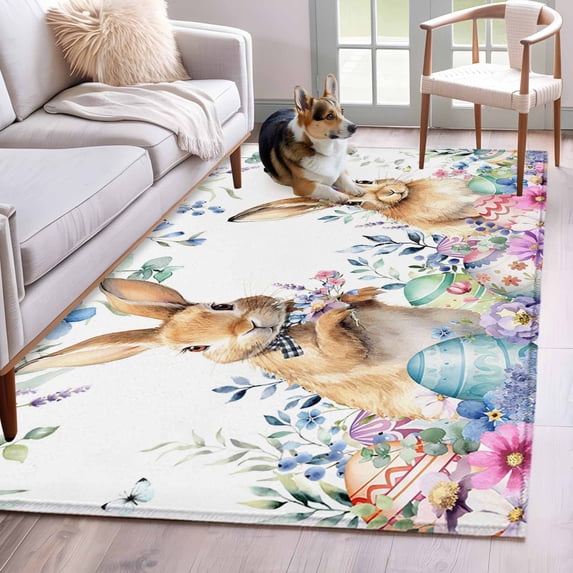 Bunny Easter Area Rug 4x6 Washable Rug Non Slip Spring Floral Eggs Eucalyptus Leaves Weeping Large Area Rug Indoor Floor Carpet for Entryway Bedroom Kitchen Living Room Home Office Dining Room