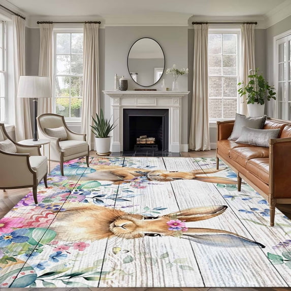 Bunny Easter Area Rug 5x7 Washable Rug Non Slip Spring Floral Eucalyptus Leaves Weeping Wooden Large Area Rug Soft Stainresistant Indoor Floor Carpet for Living Room Bedroom Home Office Dining Room