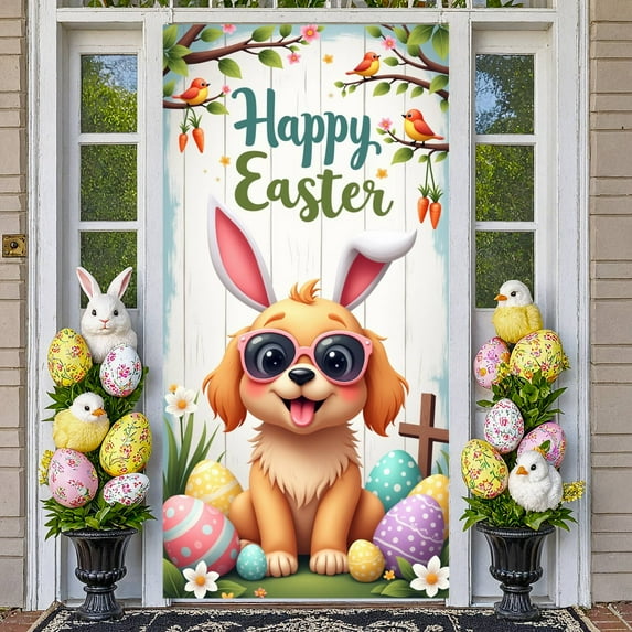Bunny Easter Banner Colorful Eggs Happy Easter Display Cartoon Spring