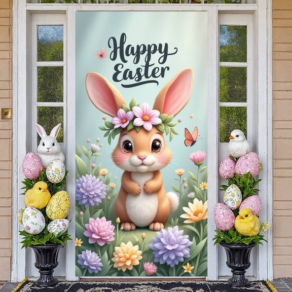Bunny Easter Banner Floral Happy Easter Display Pink Flowers Green Leaves Easter Bunny Backdrop for Easter Party Spring Celebration Indoor Decoration