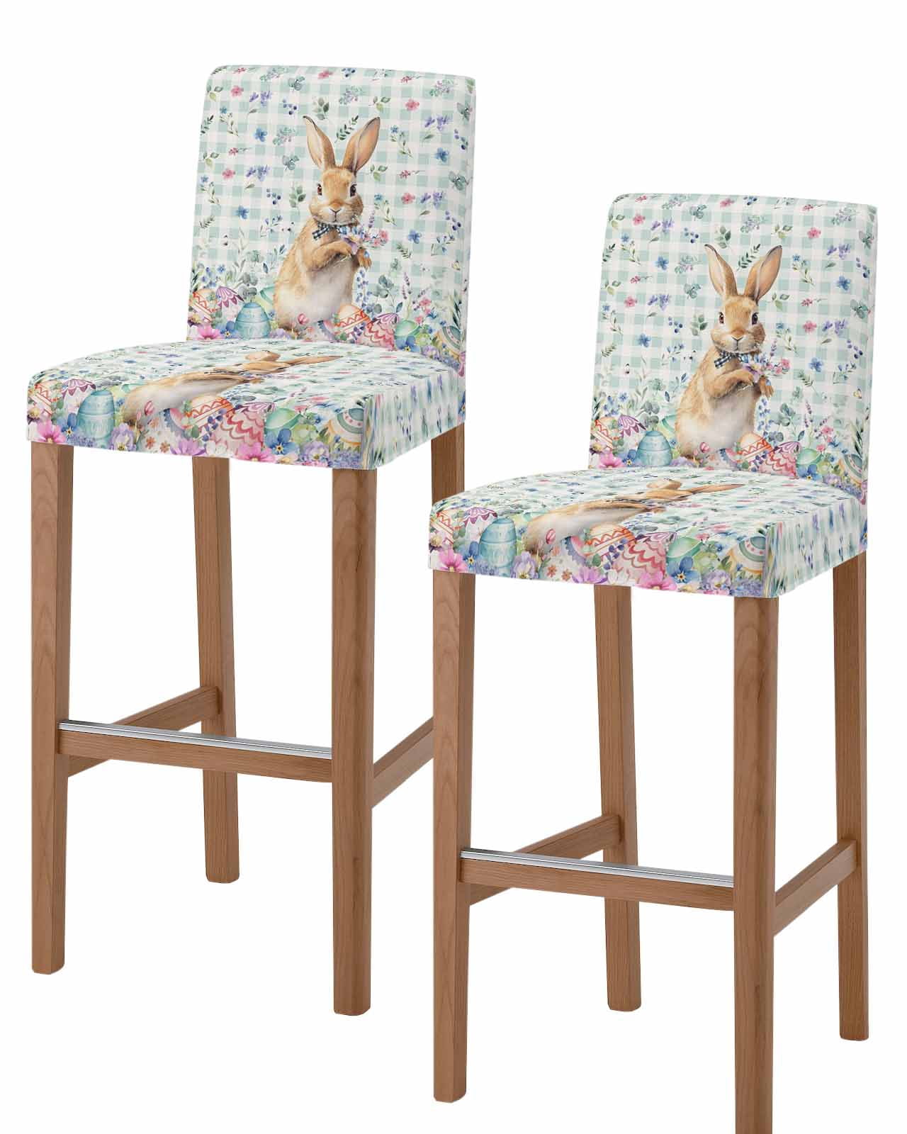 Bunny Easter Bar Stool Covers Set of 2, Spring Floral Rabbits Checkered ...