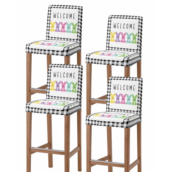 Bunny Easter Bar Stool Covers Set of 4, Black White Checkered Modern Art Stretch Washable Bar Chair Covers with Backs, Removable Pub Counter Height Chair Cover for Kitchen Dining Room Cafe