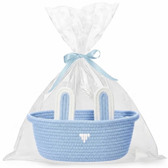 Small Woven Easter Baskets for Boys & Kids - Empty Basket with Gift Bags and Ribbons Cute Easter Decorations Bunny Ears Designs 12"X 8" X 5" Blue