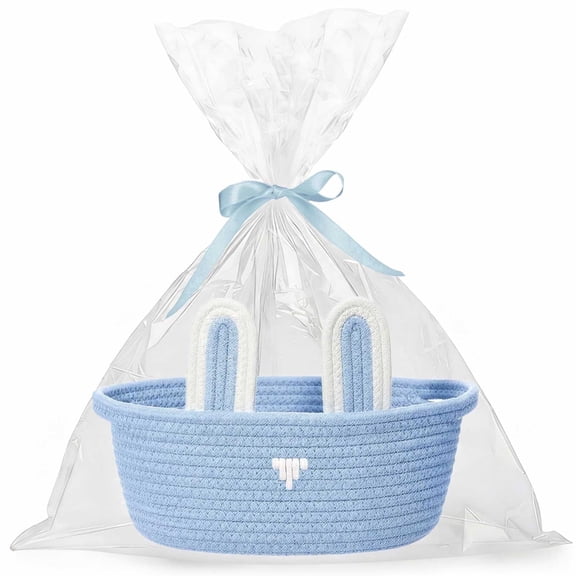Woven Easter Basket for Girls & Boys with Bunny Ears - Includes Gift Bags & Ribbons, Cute Easter Decorations 12"X 8" X 5" (Blue)