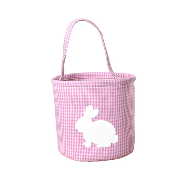 Bunny Easter Basket, Classic Gingham Bucket Bag, White Rabbit Pattern, for Easter Egg Hunts Holiday Party Supplies (Pink)