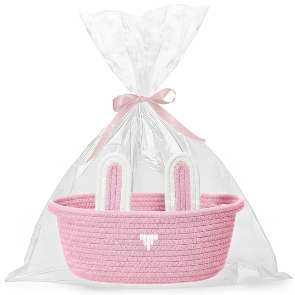 Woven Easter Basket for Girls & Boys with Bunny Ears - Includes Gift Bags & Ribbons, Cute Easter Decorations 12"X 8" X 5" (Pink)