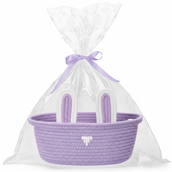 Woven Easter Basket for Girls & Boys with Bunny Ears - Includes Gift Bags & Ribbons, Cute Easter Decorations 12"X 8" X 5" (Purple)