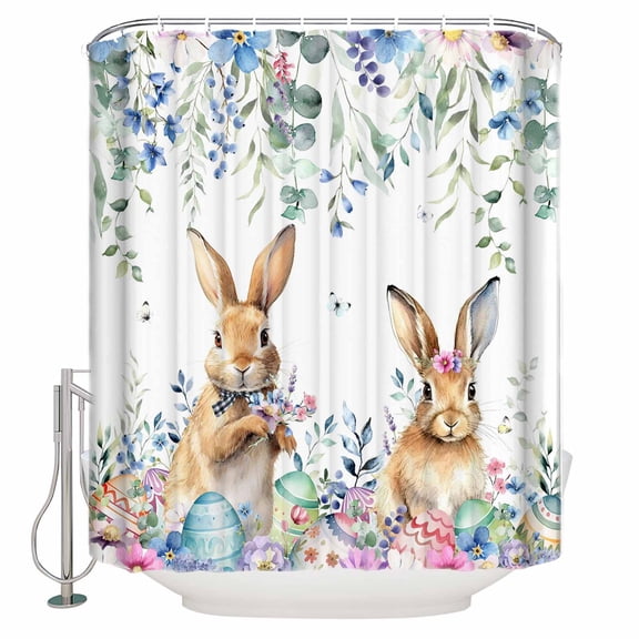Bunny Easter Bathroom Shower Curtains with 12 Hooks Polyester Waterproof Shower Curtain for Stalls and Bathtubs Spring Floral Eggs Eucalyptus Leaves Weeping Decorative Bathroom Curtain 36x78 Inches