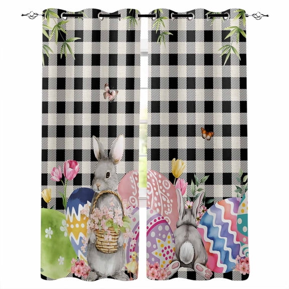 Bunny Easter Black Out Curtains 63 Inch Long, Room Darkening Draperies Curtains Panels, Eggs Plaid Spring Floral Black White Farmhouse Thermal Curtain for Bedroom Living Room 52"x63" 2 Panels