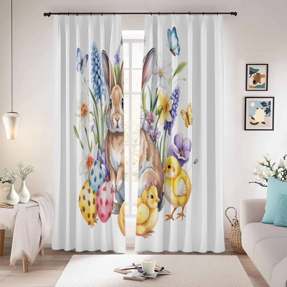 Bunny Easter Blackout Curtains for Bedroom/Living Room, Pinch Pleated Black Out Curtains, Eggs Spring Floral Elegant Pastoral Butterfly Room Darkening Window Drapes with Hooks 2 Panels, 59"x70"