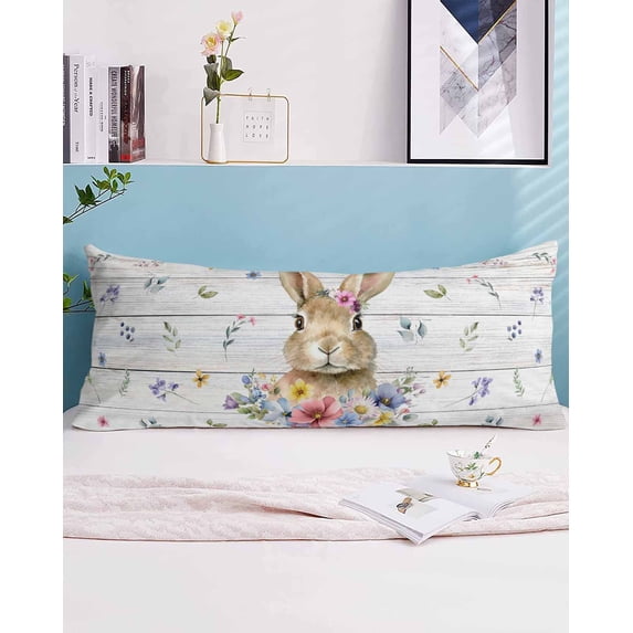 Bunny Easter Body Pillow Case Cover - Microfiber Bed Throw Pillow Covers, Spring Floral Pastoral Wooden Decorative Lumbar Pillow Cover with Envelope Closure for Sofa/Travel 20"x54"