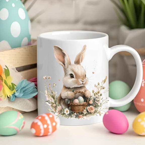 Bunny Easter Ceramic Mug, Spring Floral Coffee Cup.