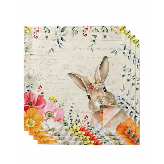 Bunny Easter Cloth Napkins Set of 4 Reusable Dinner Napkins, Eucalyptus Spring Floral Farmhouse Weeping Cocktail Napkin Washable Table Napkins for Wedding/Holiday Party/Baby Shower 20"x20"