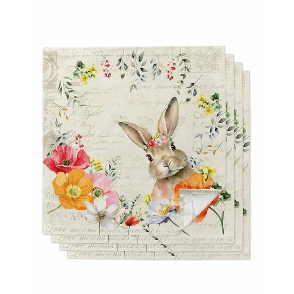 Bunny Easter Cloth Napkins Set of 4 Reusable Dinner Napkins, Pastoral Spring Floral Elegant Cocktail Napkin Washable Table Napkins for Wedding/Holiday Party/Baby Shower 20"x20"