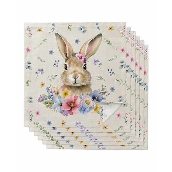 Bunny Easter Cloth Napkins Set of 6 Reusable Dinner Napkins, Spring Floral Pastoral Rabbits Rustic Cocktail Napkin Washable Table Napkins for Wedding/Holiday Party/Baby Shower 20"x20"