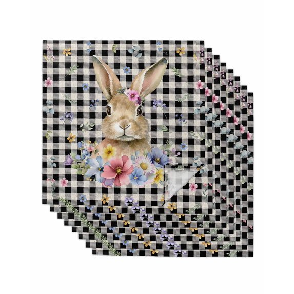 Bunny Easter Cloth Napkins Set of 8 Reusable Dinner Napkins, Black Plaid Spring Floral Pastoral Retro Art Cocktail Napkin Washable Table Napkins for Wedding/Holiday Party/Baby Shower 20"x20"