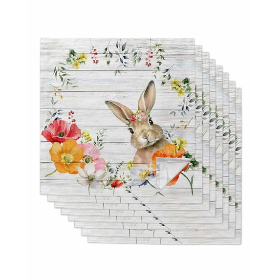 Bunny Easter Cloth Napkins Set of 8 Reusable Dinner Napkins, Pastoral Spring Floral Wooden Cocktail Napkin Washable Table Napkins for Wedding/Holiday Party/Baby Shower 20"x20"