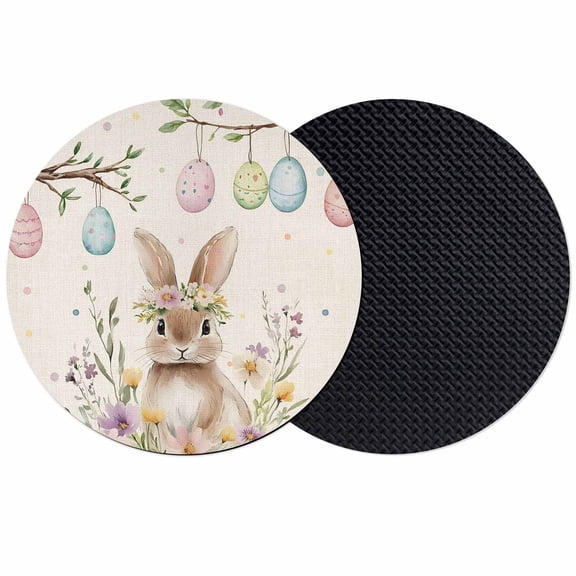 Bunny Easter Coasters Set of 2, Colorful Eggs Spring Floral Rustic Absorbent Coasters for Drinks, Coaster for Bar Office Dining Coffee Table Accessories Decor, Non Slip Round Desk Coaster