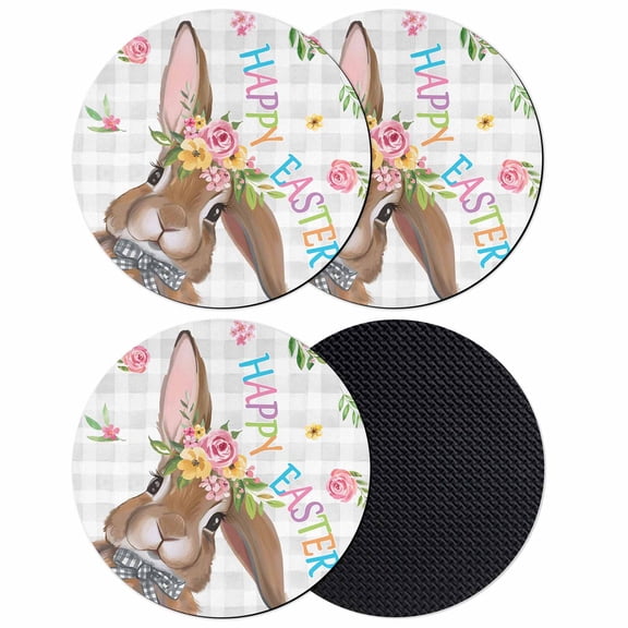 Bunny Easter Coasters Set of 4, Absorbent Coasters for Drinks, Rabbit Grey Plaid Farmhouse Floral Coaster for Desk Coffee Table Protection, Home Decor House Warming Gifts 4"