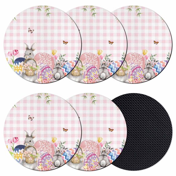 Bunny Easter Coasters Set of 6, Absorbent Coasters for Drinks, Pink Eggs Plaid Spring Floral Farmhouse Coaster for Desk Coffee Table Protection, Home Decor House Warming Gifts 4"
