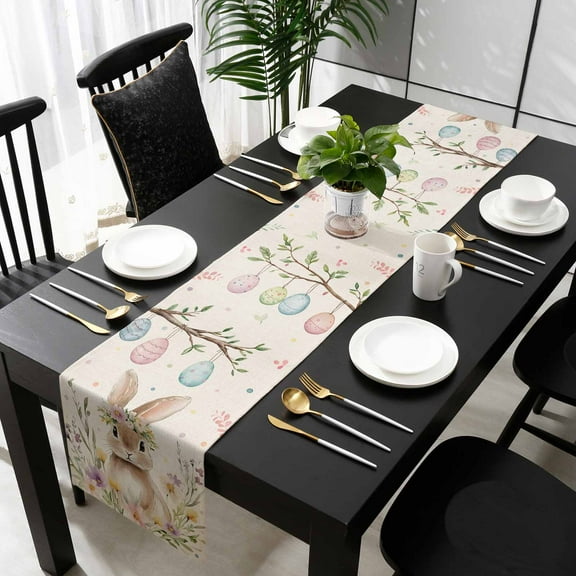 Bunny Easter Cotton Linen Small Table Runner 13 x 60 inch Colorful Eggs Spring Floral Rustic Non-slip Rectangular Dining Table Decor for Wedding Party Holiday Dinner